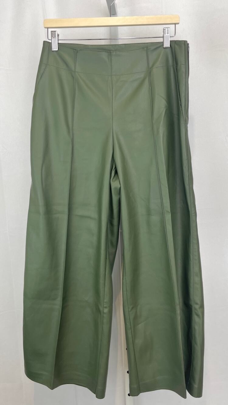 MAEVE Anthropologie Faux Leather Wide Leg Cropped Pintuck Pants Side Zip Green 8